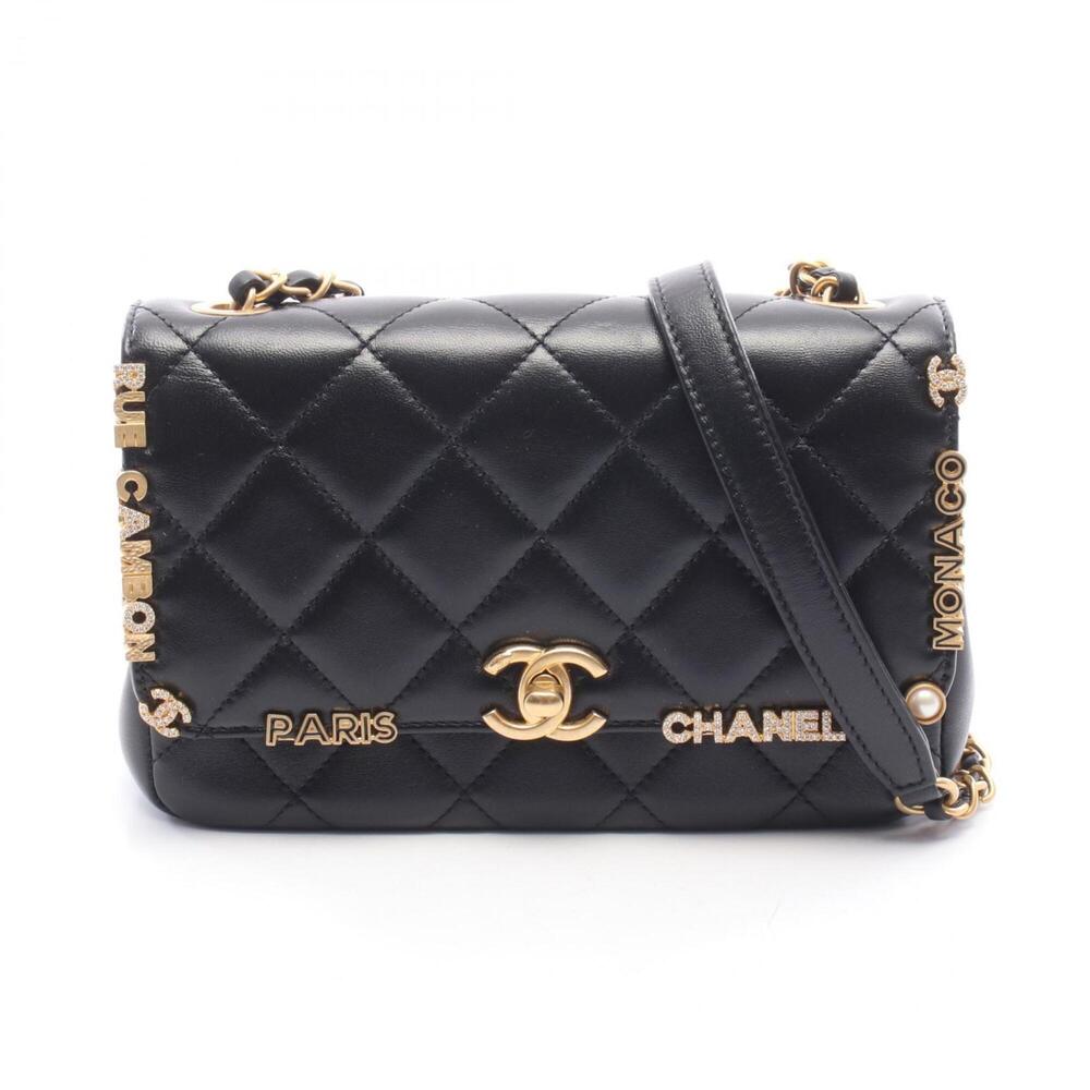 Chanel Mini Flap Handbag, Matelassé Shoulder Bag, Leather Women's, Black, AS3731